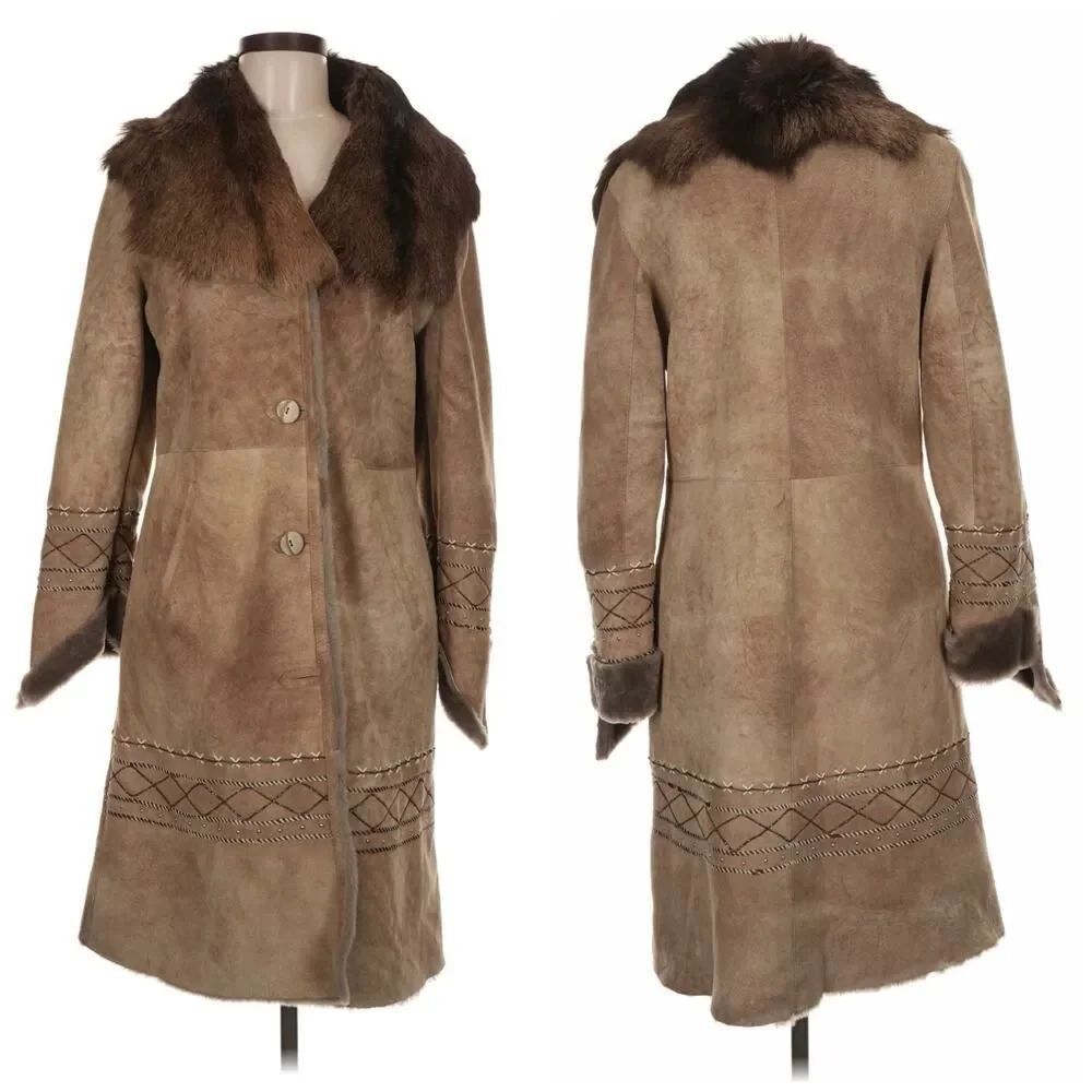 Faracci Shearling Coat Brown Suede Sheepskin Fur Collar Trim Western M